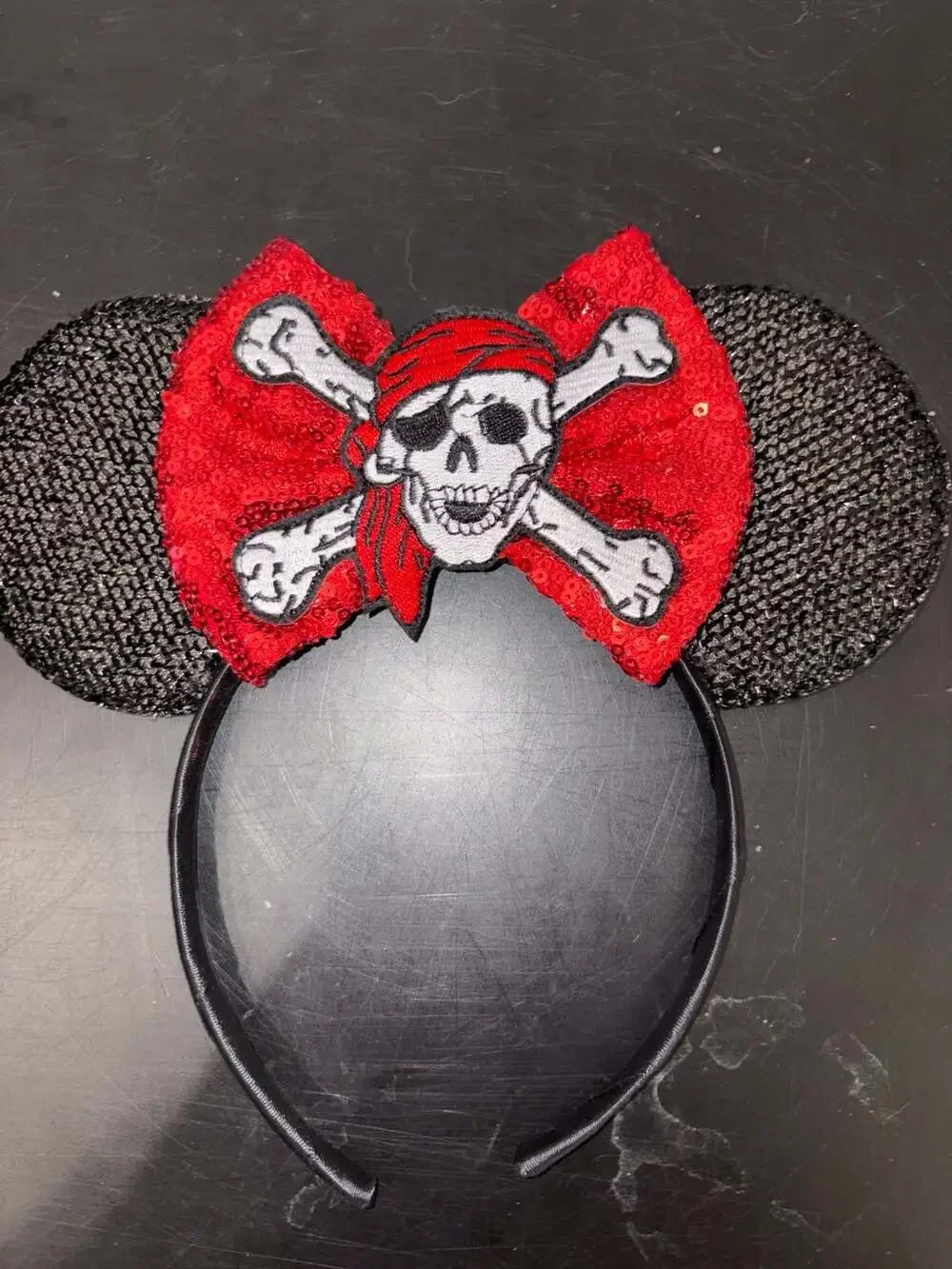 Disney Parks Minnie Mouse Pirate Skull Sequin Ears Headband Red Black
